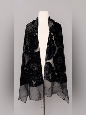 Vintage Black Velvet Burnout Floral Sheer Shawl Wrap Scarf